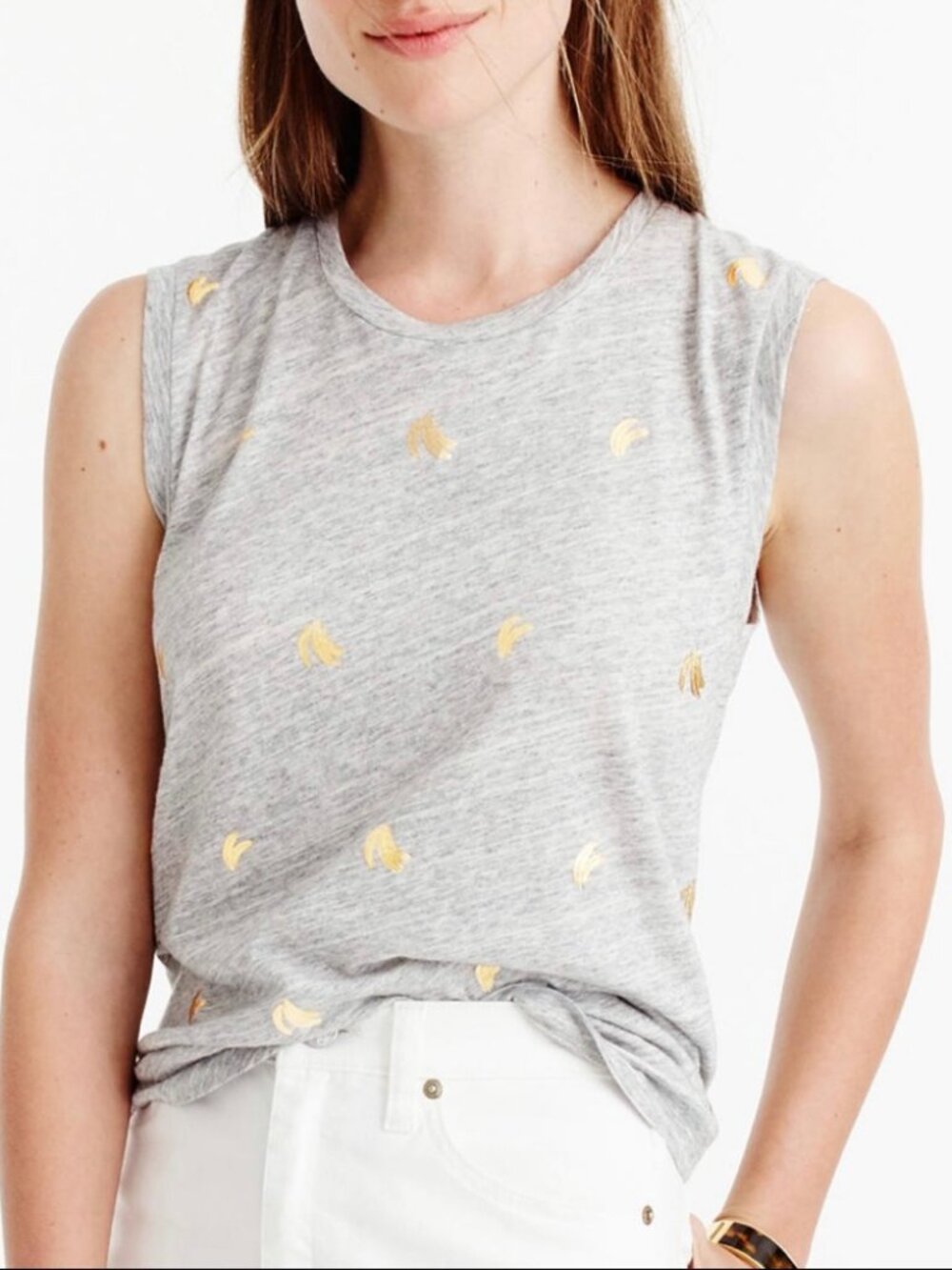 J. Crew Metallic Gold Banana Print Tank Top Sleeveless T-Shirt Heather Gray